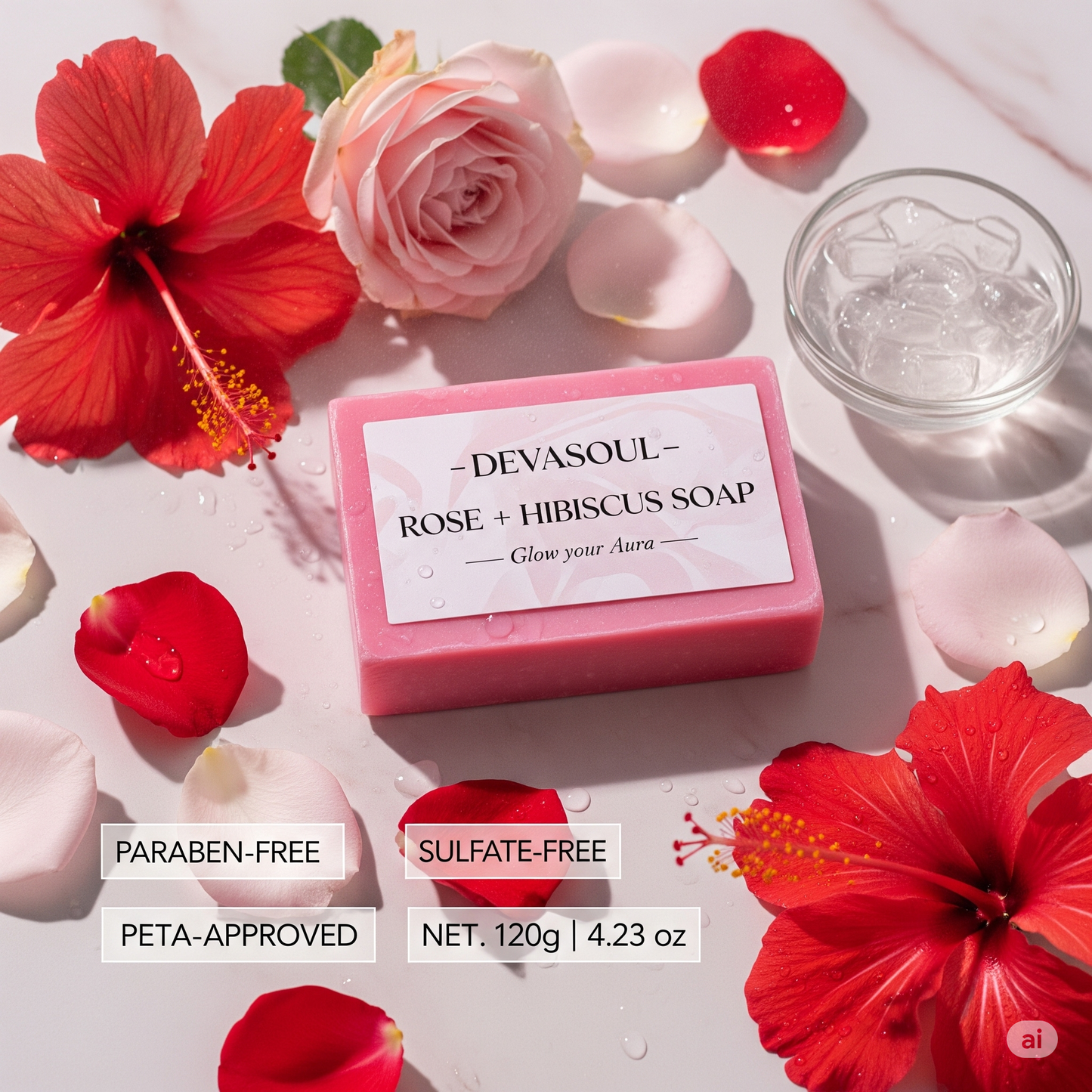 Rose + Hibiscus Aura Glow Soap | Devasoul Radiance Bar with Glycerin & Aloe
