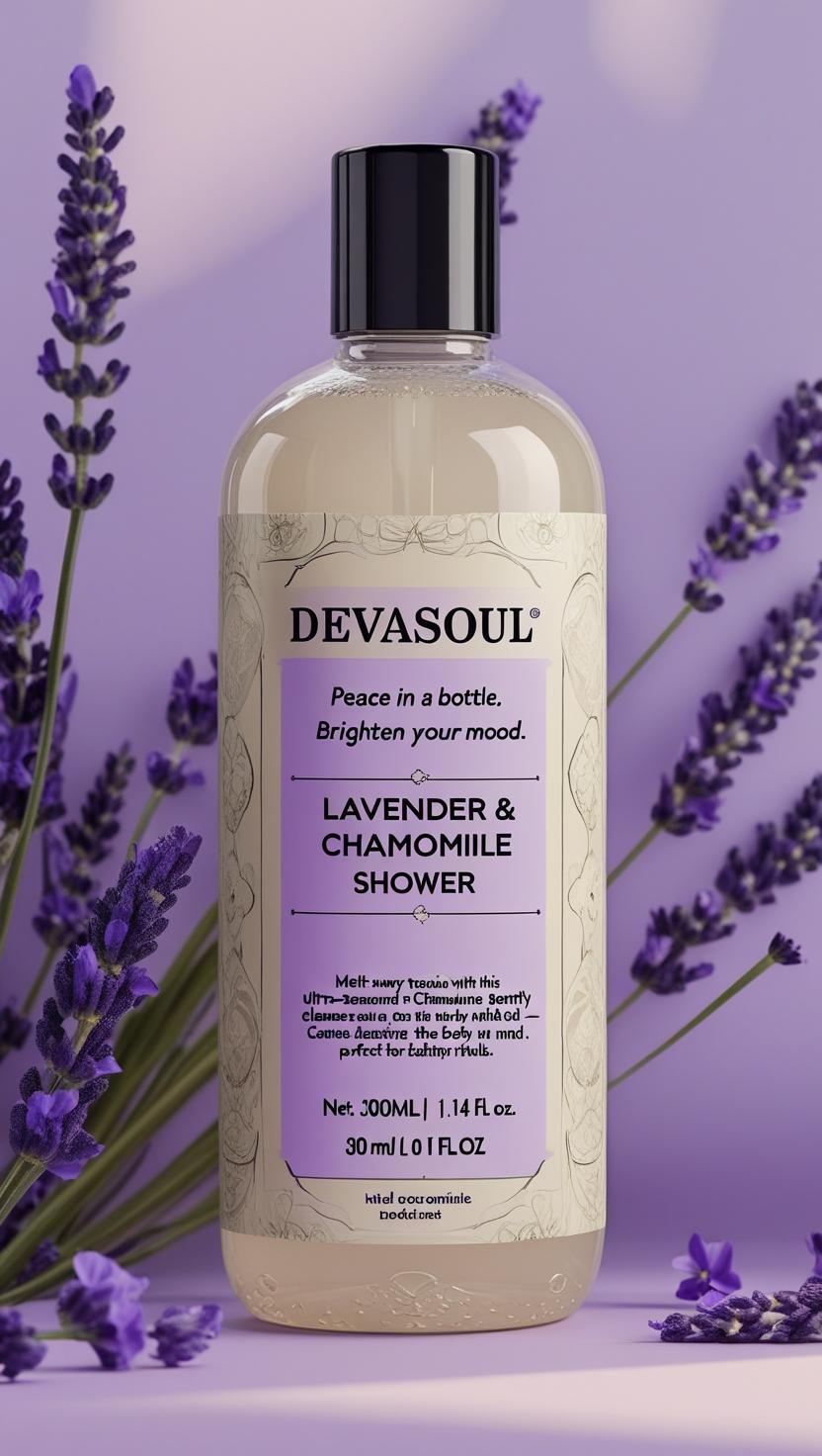 Devasoul lavender and chamomile shower gel bottle with lavender flowers in the background